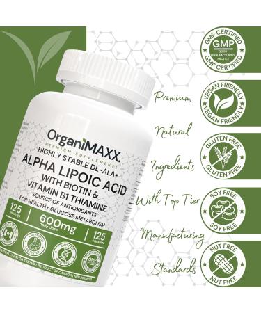 Alpha Lipoic Acid (ALA) OrganiMAXX 600mg Max Strength 125 Capsules Alpha GPC With Vitamin B1 Thiamine & Biotin. Non-GMO Vegan Friendly Free of Gluten Soy & Dairy. Premium Alpha Lipoic Acid Supplement For Blood Sugar Control Antioxidant Liver Support Cardi - Buy Online on GoSupps.com