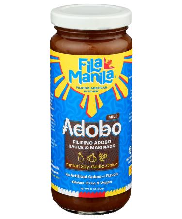 Fila Manila Filipino Adobo  Award Winning Sauce & Marinade  Wheat-Free Tamari Soy Sauce, Garlic, & Onion, 12 oz jar, Mild, Vegan, No MSG, No Sugar Added, Gluten Free, Dairy Free, Made in the USA Adobo Filipino