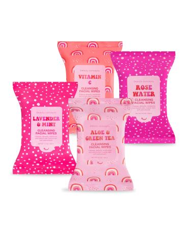 Facial Wipe Set- 4 Packs of Face Wipes Makeup Removing Wipes Soft and Hydrating Facial Cleansing Wipes infused with Aloe Green Tea Vitamin C Lavender Mint by Beauty Concepts Aloe Green Tea Vitamin C and Lavender...
