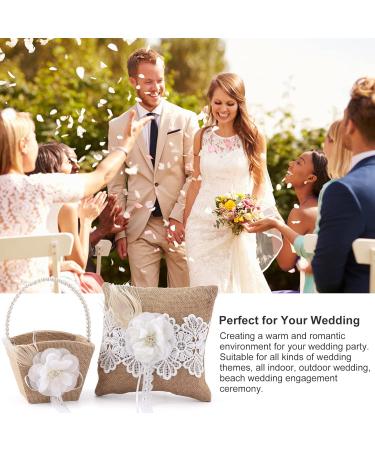 Plcnn 2Pcs Rustic Wedding Flower Basket Burlap Ring Bearer Pillow Flower Girl Set Flower Girl Basket with Pearl Handle Petals Storage Basket for Wedding Ceremony - Buy Online on GoSupps.com