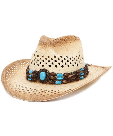 La Vogue Straw Cowboy Hat for Women Men Classic Roll up Brim Fedora Cowgirl Hat with Turquoise Belt Brown