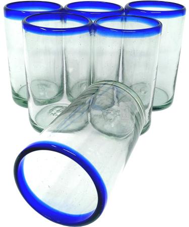 Set of 6 Hand Blown Mexican Drinking Glasses with Cobalt Blue Rims - 14 oz each - Buy Online on GoSupps.com