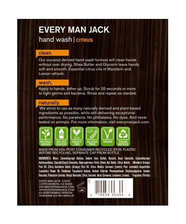 Every Man Jack Citrus Hand Wash - 12oz Twin Pack (2 Bottles) | Naturally Derived, Certified Cruelty Free, Gluten Free, Vegan - Buy Online on GoSupps.com