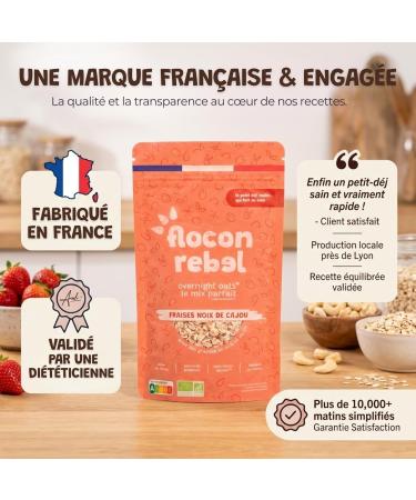 FLOCON REBEL Overnight Oats | Fraises Noix de Cajou 5 Petits D jeuners Sains et Rapides | Porridge Froid | Flocons d Avoine | Riche en Fibres Source de Prot ines Bio Sans Sucre Ajout - 5X45g Fraise Noix de Cajou 45 g (Lot de 5) - Buy Online on GoSupps.com