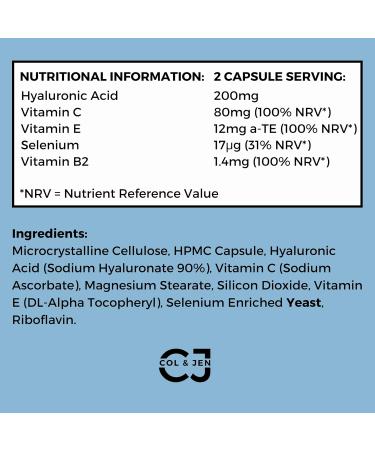 Premium Hyaluronic Acid Capsules with Vitamin C, B2, Selenium & E - 90 Vegan Capsules - Made in the UK | Skin Hydration, Joint Support & Moisture - Col & Jen - Buy Online on GoSupps.com