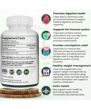Amate Life Cape Aloe Natural Laxative Supplement - Constipation Relief & Digestion Help - 90 Caps - Non-GMO - Buy Online on GoSupps.com