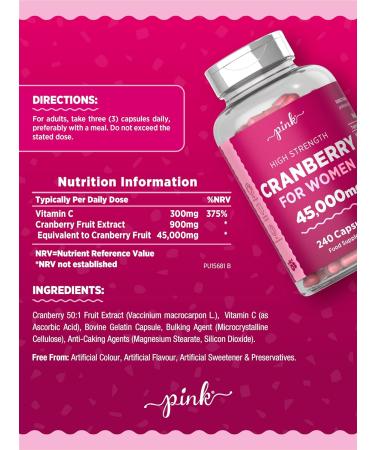 Cranberry Capsules 45000mg for Urinary Infections | 240 High Strength Capsules with Vitamin C - by Pink - Buy Online on GoSupps.com