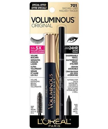 L'Oreal Paris Voluminous Original Volume Building Mascara and Infallible Eyeliner Builds eye lashes up to 5X natural thickness Smudge Free Clump Free Black 1 kit