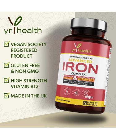 YrHealth Iron Supplement 20mg Anti-Fatigue Complex - 180 Vegan Capsules with Vitamin B12, Folic Acid, C, B6, Zinc, Copper - Made in UK - Buy Online on GoSupps.com