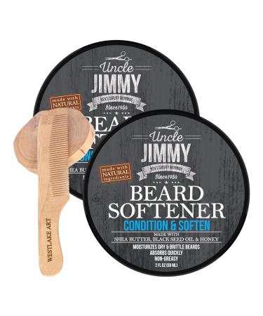 Uncle Jimmy Beard Softener 3oz - Luxurious Conditioning Beard Hair Softener With Shea Butter & Honey | Bundled With Wooden Comb Tames Flyaways Hydrates & Nourishes Polished Beard Pack Of 2