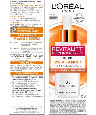 L'Or al Paris 12% Pure Vitamin C Brightening Face Serum with Vitamin E & Salicylic Acid for Antioxidant Protection & Less Visible Pores Revitalift Derm Intensives 30mL - Buy Online on GoSupps.com