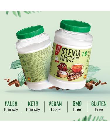 Castello since 1907 Stevia + Erythritol 1:8 Sweetener | 1g 8g of sugar | 100% Natural Sugar Substitute - 0 Calories - 0 Glycemic Index - Keto and Paleo - 0 Net Carbohydrates - Non-GMO - 1kg - Buy Online on GoSupps.com