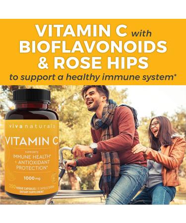 Viva Naturals Vitamin C 1000mg â€“ Non-GMO Immune Support with Bioflavonoids & Rose Hips | 250 Veggie Capsules - Buy Online on GoSupps.com