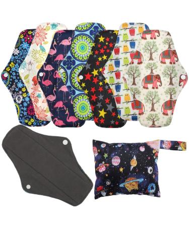 Reusable Menstrual Pads (7 in 1, 10in*7in), PHOGARY Bamboo Cloth Pads for Heavy Flow with Wet Bag, Large Sanitary Pads Set with Wings for Women, Washable Overnight Cloth Panty Liners Period Pads