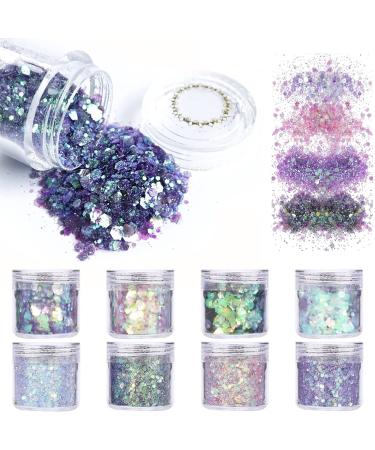 SAIFTRAD Nail Glitter - 8 Jars Holographic Iridescent Mermaid Hexagon Shiny Chunky Flakes Sequins Paillette for Body, Face, Eyes, Hair, Nail Art & DIY (Blue,Green,Pink,Purple)