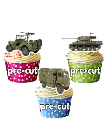PRECUT Army Military Vehicles Tank Lorry Jeep Mix Cake Decorations - 12 Edible Wafer Cup Cake Toppers - Buy Online on GoSupps.com