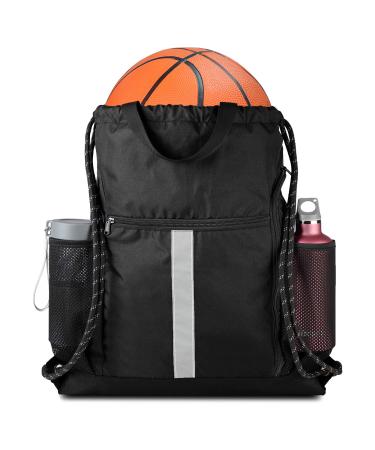 Drawstring Backpack Sports Gym Bag With Shoe Compartment and Two Water Bottle Holder Black 16" x 19.5"