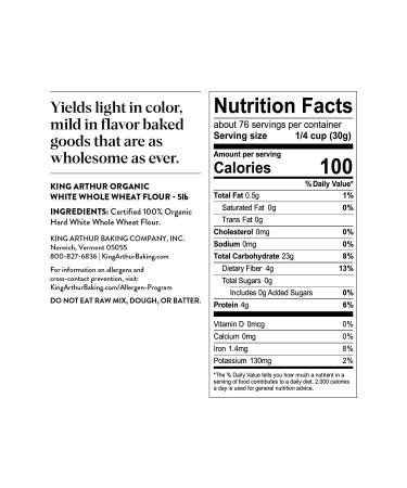 King Arthur Organic White Whole Wheat Flour - 100% Whole Grain, Non-GMO, 5lb Pack - Buy Online on GoSupps.com