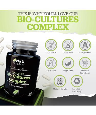 Bio Cultures Probiotics 60 Billion CFU - 60 Capsules - 2 Month Supply - Vegetarian Strains for Gut Health - Nu U Nutrition - Buy Online on GoSupps.com
