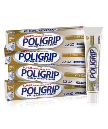 Super Poligrip Extra Care Denture Adhesive Cream, Zinc Free Denture Cream - 2.2 Ounces (Pack of 4)