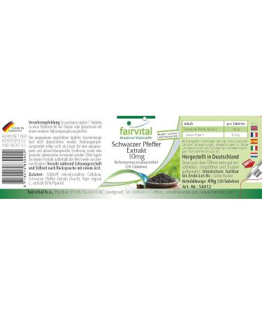 Fairvital | Black pepper extract 10 mg - 120 tablets - 95% piperine - For 4 months - 100% vegan - Tested quality - Made in Germany - Buy Online on GoSupps.com