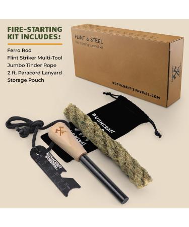 Bushcraft Survival Fire Starter Kit w/ Backpacking Multitool | Flint Steel Striker | Waterproof Ferro Rod Tool & Firestarter for Campfires | Includes Jumbo Tinder Rope - Buy Online on GoSupps.com