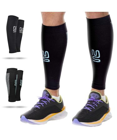 Modetro Sports Calf Compression Sleeves (True Graduated 20-30mmhg Compression) - Relieves Shin Splints - Ideal for Sports Running Work Flight Pregnancy) - Men & Women L ( 1 Pair ) Stripes