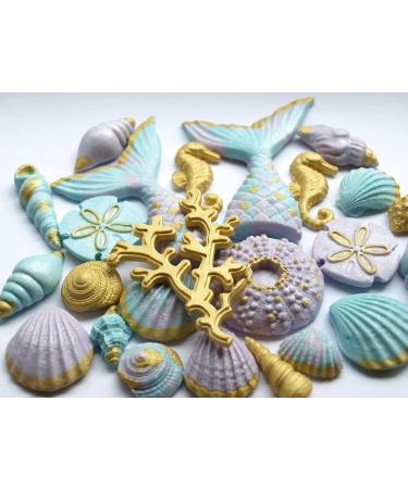 25x Edible Mermaid Tail Seashells Coral & Seahorse - Fondant Cake Topper Decoration colours: Light Purple Teal and Gold - Buy Online on GoSupps.com