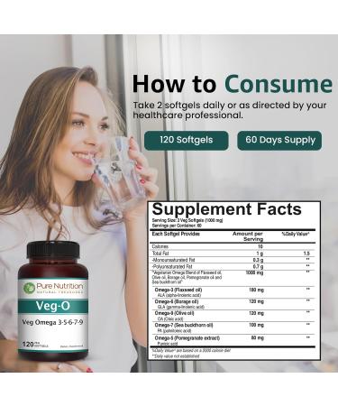 Pure Nutrition Vegan Omega 3-5-6-7-9 | 120 Softgels | 600mg per Serving of 2 Softgels | Multi Omega Supplement for Overall Health | Non GMO | Gluten Free - Buy Online on GoSupps.com