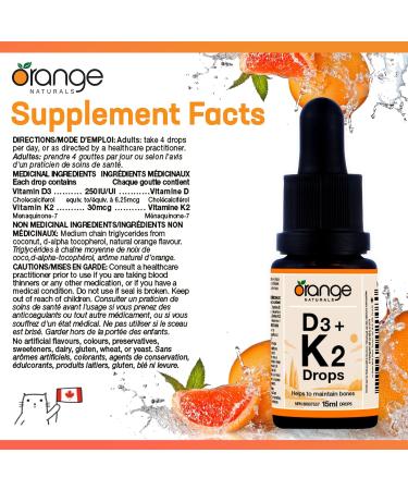 Orange Naturals - Vitamin D3+K2 Drops 250IU - Natural Orange Flavour MCT 15ml - Support Bone Teeth Health Reduce Osteoporosis Maintain Muscle Enhanced Absorption & Prevent D Deficiency Cholecalciferol 15 ml (Pack of 1) - Buy Online on GoSupps.com