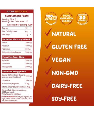 Energy Chews - All-Natural Focus & Energy Gummies with Caffeine B12 & Electrolytes | Fruit Punch Flavor - 30 Chews - Buy Online on GoSupps.com