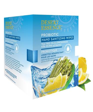 Desert Essence Probiotic Hand Sanitizing Wipes Lemongrass 20 ct - Gluten-Free Vegan Cruelty Free - Kills 99.99% of Germs - Skin Conditioning & Moisturizing - Buy Online on GoSupps.com