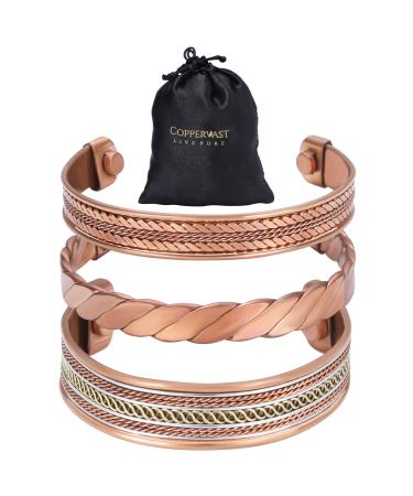 Copper Bracelets - with 2 Powerful Magnets - Set of 3 - Natural Relief for Joint Pain and Arthritis Braided