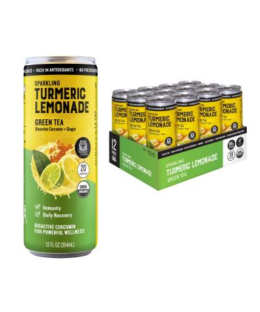 Golden Tiger | Organic Sparkling Turmeric Lemonade - Green Tea | Bio Active Curcumin + Green Tea + Ginger - 12 Cans - Plant Based Immunity and Recovery Support - 20 Calories