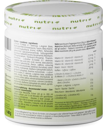 Nutri+ V-Booster Vegan - 400g Green Apple Powder - High Dosed Pre Workout Drink - Caffeine Citrulline Arginine Beta Alanine Betaine - Green Apple Fitness Booster - Buy Online on GoSupps.com
