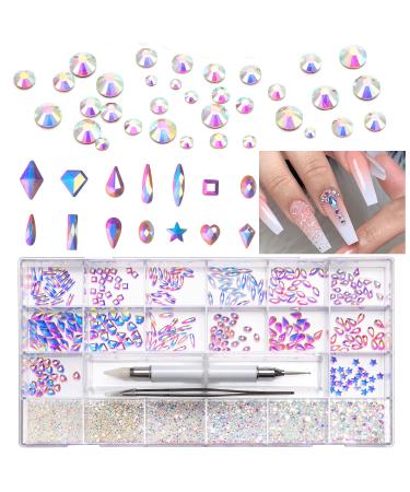 With Wax Pen and Tweezer Hiqh Quality Material Nail Gems 21 Grids Multi Shapes Mixed Crystal Rhinestones for Nail Nail Art Rhinestones Kit(Cystal AB)
