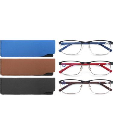 MODFANS 3 Pack Reading Glasses for Men & Women - Blue Light Filter Metal Frame Rectangle Style Stainless Steel +3.00 Magnification - Red Blue Brown - Buy Online on GoSupps.com