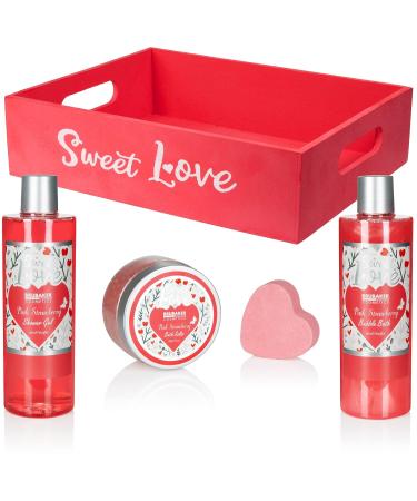 BRUBAKER 8-Piece Bath & Shower Set - Strawberry Sweet Love Gift Set in Decorative Wooden Basket - Pink Flower Design - Buy Online on GoSupps.com