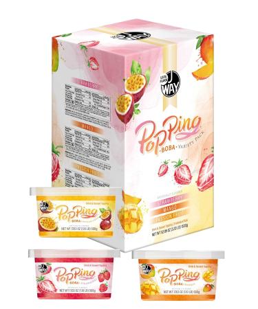 J WAY Bursting Popping Boba Bubble Pearl Variety Set with 3 Flavors Strawberry Mango Passion Fruit - Gift Box 3 Count (Pack of 1)