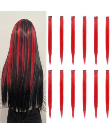 12 PCS Red Hair Extensions Party Highlights, SOYZMYX Colored Hairpieces Clip in Synthetic Hair Extensions, 22 inch Colorful Straight Hair Accessories for Girls Women Kids in Halloween