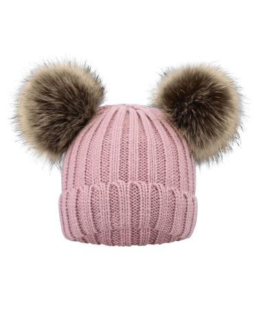 Simplicity Warm Kids Boys Girls Winter Hat with Pompom Ears Elastic Knitted Toddler Beanie Hats for Girls Boys A_plush Lined_pink