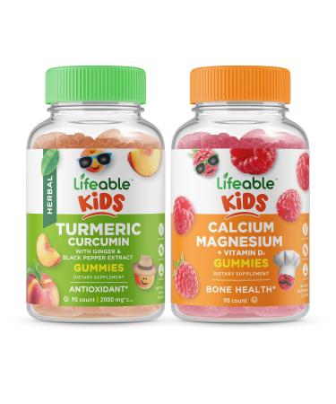 Lifeable Turmeric Curcumin Kids + Calcium Magnesium Kids Gummies Bundle - Great Tasting Vitamin Supplement Gluten Free GMO Free Chewable Gummy