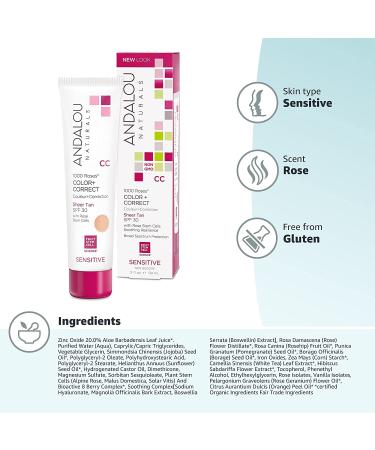 Andalou Naturals CC 1000 Roses Color Correct Sensitive SPF 30 - Sheer Tan 2 fl oz | Hydrating, Natural Skincare - Buy Online on GoSupps.com