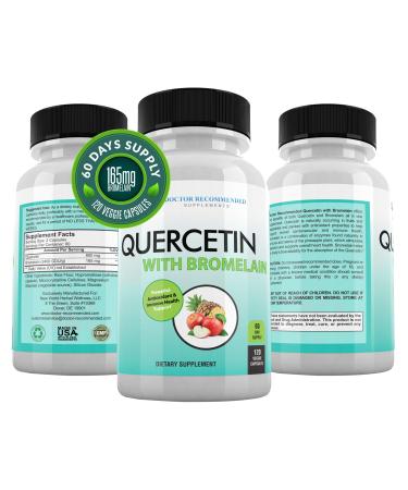 Quercetin 800mg w/Bromelain 165mg Per Serving- 120 Veggie Capsules-Full 60 Day Supply, Vitamin Supplement to Support Cardiovascular Health & Bioflavonoids for Cellular Function, Gluten Free, Non-GMO 120 Count (Pack of 1)