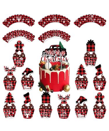 Norinoya 12Set Christmas Cupcake Toppers and Wrappers Merry Christmas Cake Topper for Christmas Eve Party Decorations Party Supplies Christmas-12