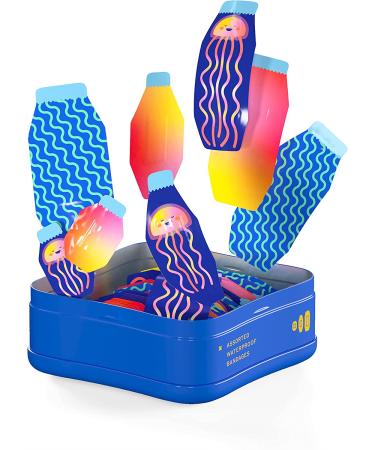 Waterproof Welly Bandages - Colorful Adhesive Fabric for Cuts & Scrapes | 39 Count Jellyfish Patterns First Aid Tin - Buy Online on GoSupps.com