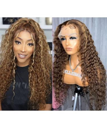 BUILDXIN Glueless 13x4 Honey Blonde Brown Highlight Lace Front Wigs Human Hair 150 Density HD Transparent Wet and Wavy Deep Wave Frontal Wigs Pre Plucked Ombre Curly Wigs for Black Women P4/27 22 inch 22 Inch P4/27 deep ...