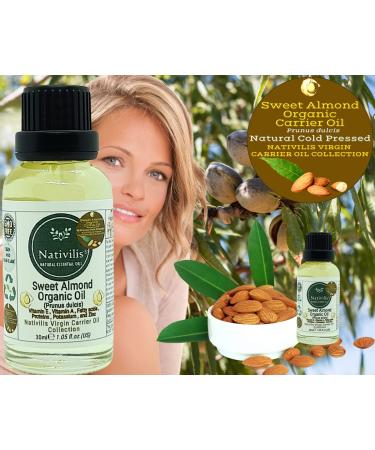 Nativilis Sweet Almond Organic Carrier Oil (Prunus dulcis) King of Nuts- Hair Face & Skin Natural Cold Pressed Cleansing Moisturizer Face Chapped Lips Emollient Properties Healthy Scalp - Copaiba