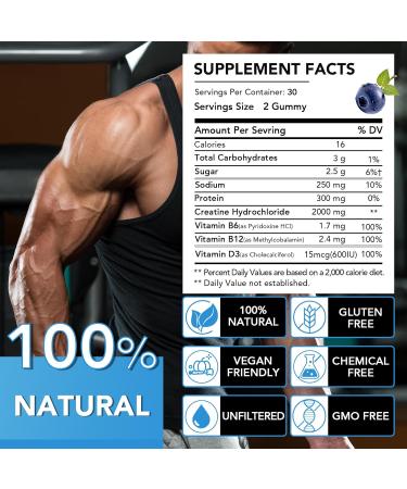 Creatine HCL Gummies 2000mg Fast Absorbing Creatine HCL for Strength & Recovery Easy-to-Take, Great-Tasting Creatine Gummies for Athletes & Fitness Enthusiasts ,More Gentle on Stomach Blueberry 60 Count (Pack of 1) - Buy Online on GoSupps.com
