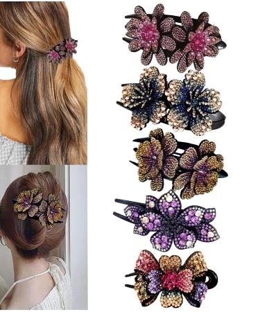 5 Pcs Double Flower Rhinestone Hair Clips fancy decorative hair clip hair accessories for women crystal hair barrettes hair decorations women thick hair(Pastoral style)